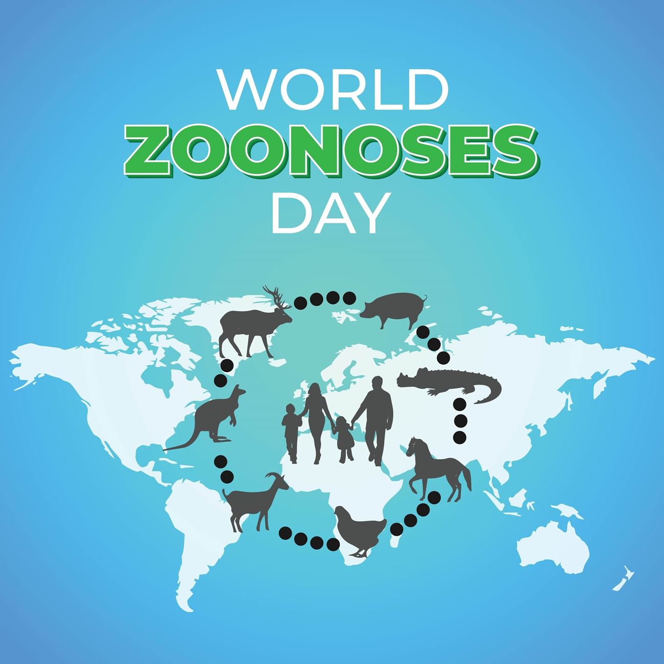 world zoonosis day image with a world map, animals, and humans